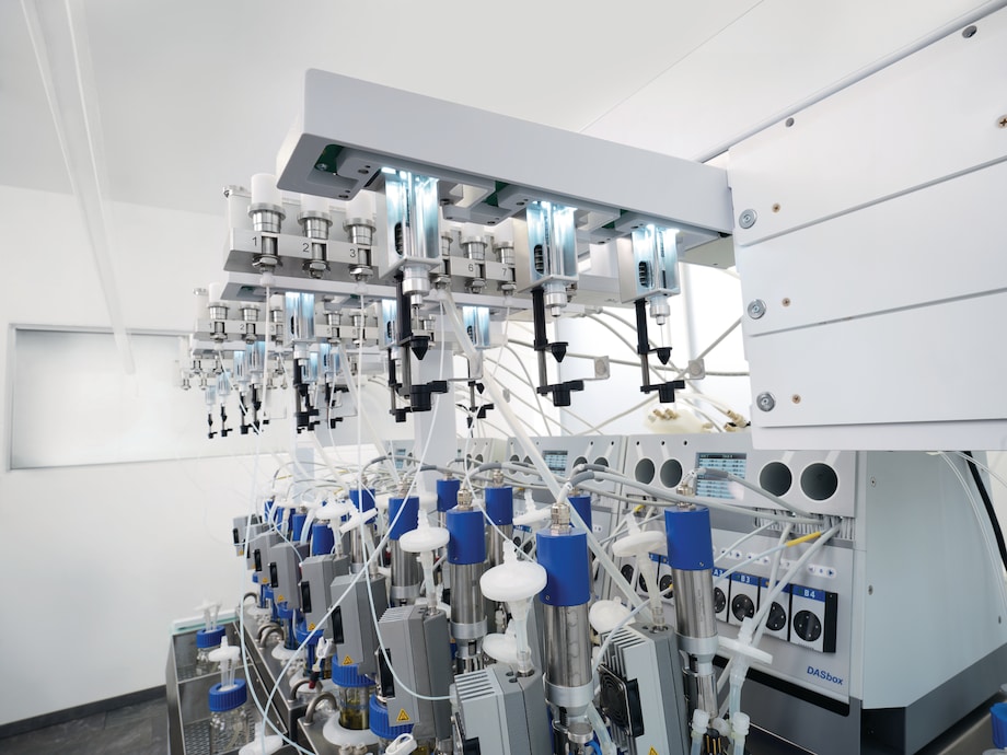 Bioprocess Autosampler tool stations and multi port modules, angled bottom view