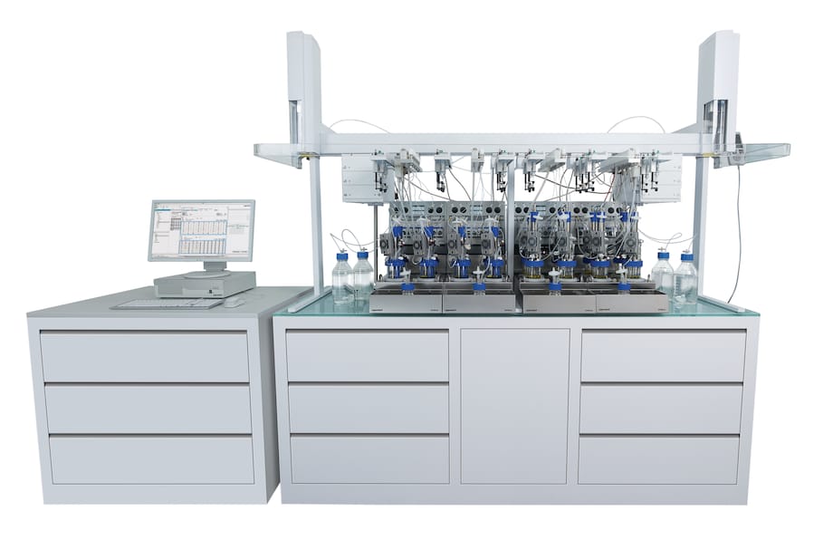 Bioprocess Autosampler dual head system, 4x DASbox, bottles side, front view, cropped