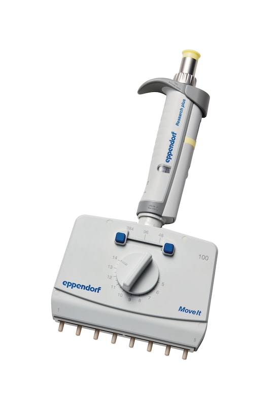 Mechanical Eppendorf Research_REG_ plus Move It_REG_ adjustable tip spacing pipette with 8 channels