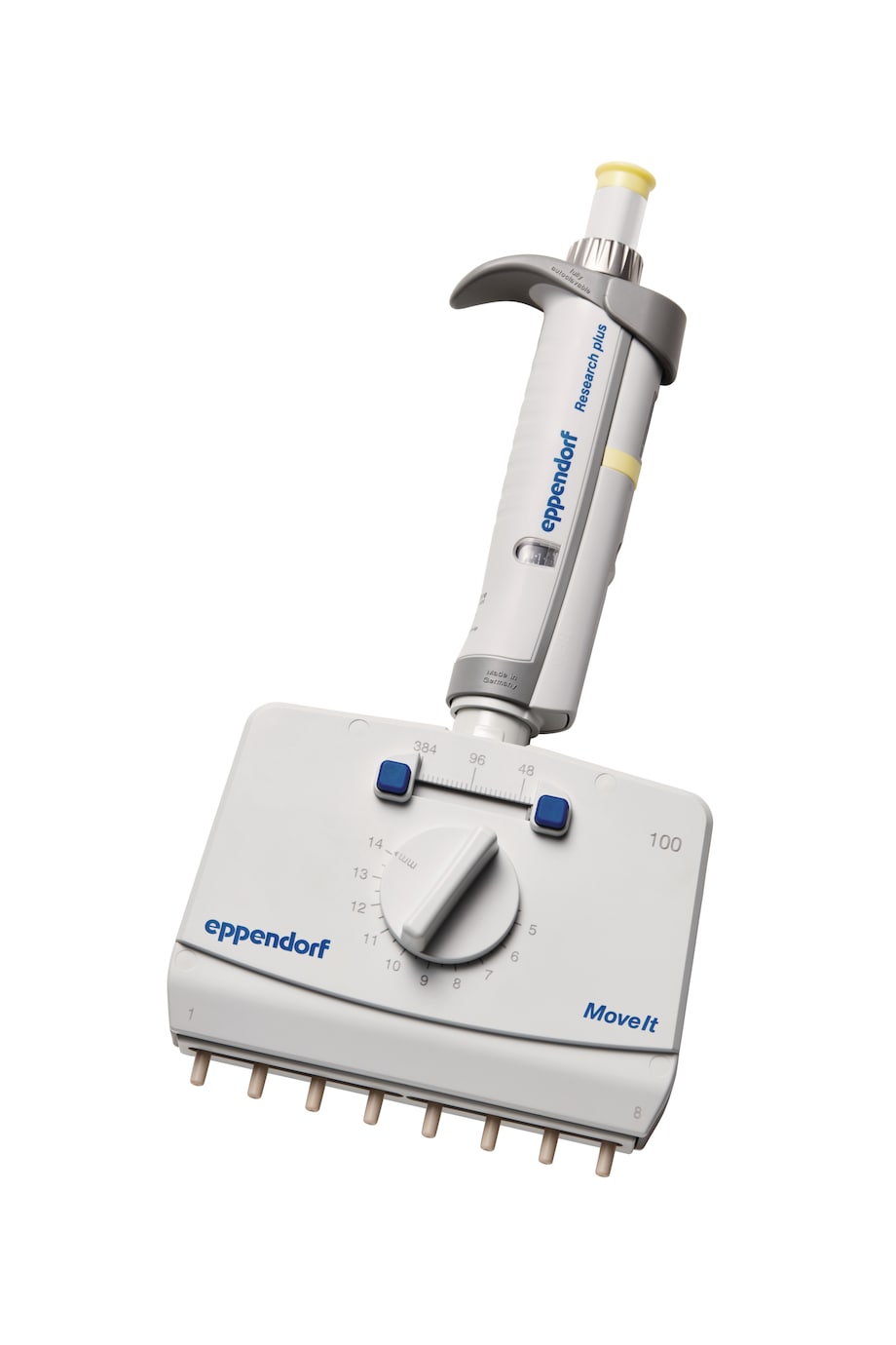 Eppendorf Research® plus Move It® 8-channel pipette, 5 – 100 µL, light yellow Mechanical Eppendorf Research® plus Move It® adjustable tip spacing pipette with 8 channels