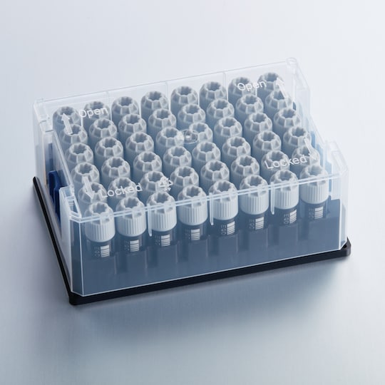 Eppendorf CryoStorage Vial 2.5 mL rack with lid on bench