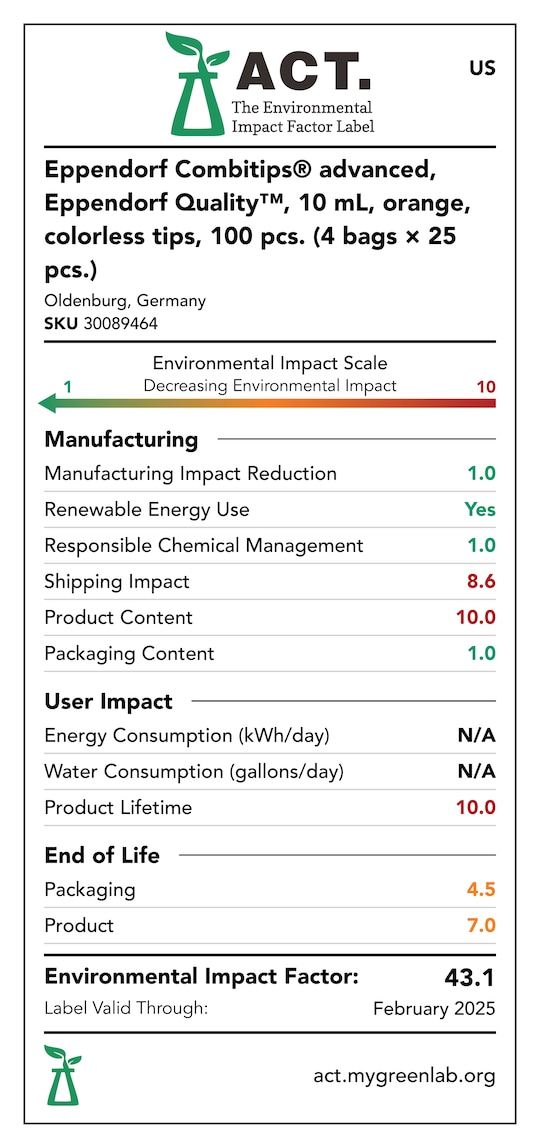 ACT label of sustainability certification for Eppendorf Combitips advanced Eppendorf Quality 10 mL