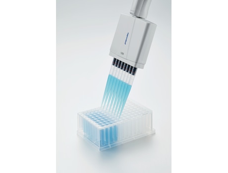 Eppendorf Research<sup>&reg;</sup> plus multi-channel pipette with 8 tips used to fill a deepwell plate