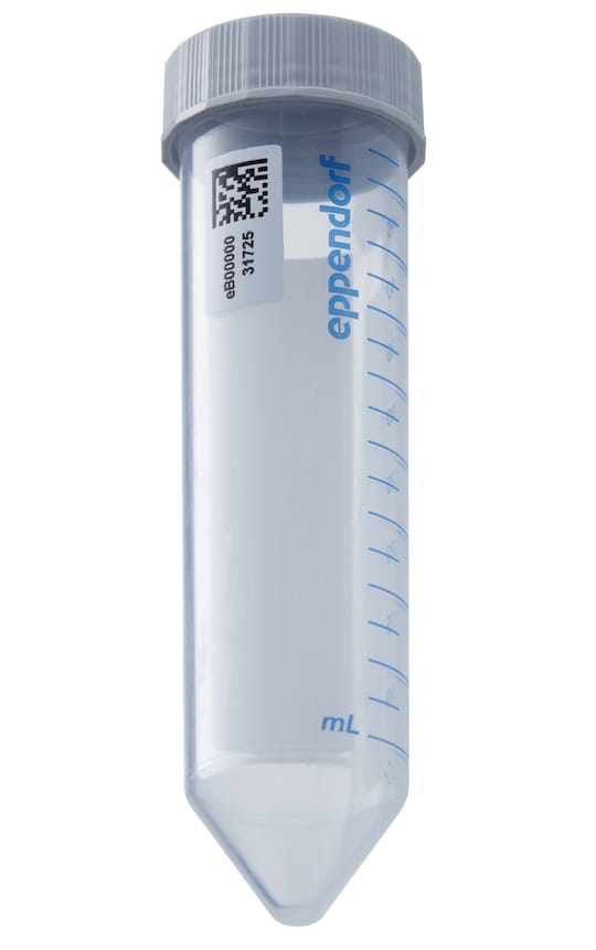 50 mL conical tube with Eppendorf SafeCode barcode label to ensure safe sample identification