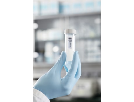 Barcoded 50 mL conical tube from Eppendorf with SafeCode in hand of scientist