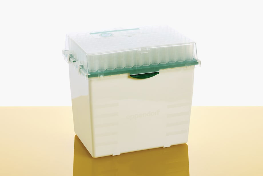 epTIPS BioBased sterile Reload 1250µL L dark green, yellow background