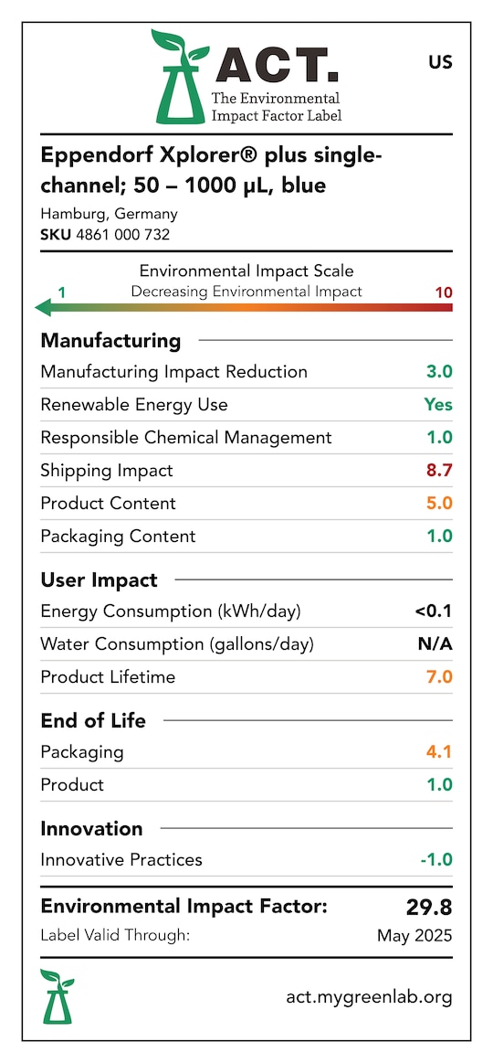 ACT label of sustainability certification for Eppendorf Xplorer® plus pipette, 100-1000 µL (blue), single-channel