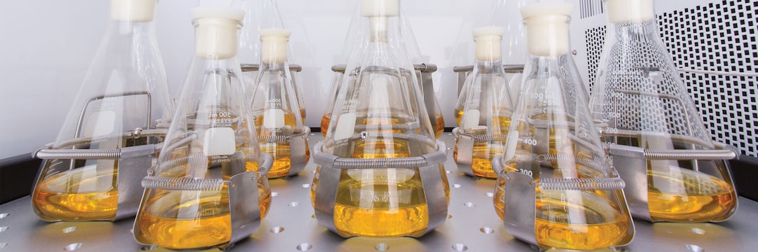 LED Photosynthetic Lights Close-up of bottles with yellow sample liquid on a high-capacity platform of Eppendorf's shaker Innova S44i