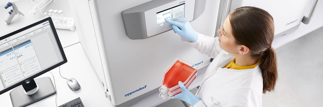 CellXpert C170i, model from above, touchscreen Female laboratory assistant in front of the co2 incubator shaker CellXpert C170i, operating the VisioNize software via the display and holding 2 cell culture flasks of red sample liquid in her left hand