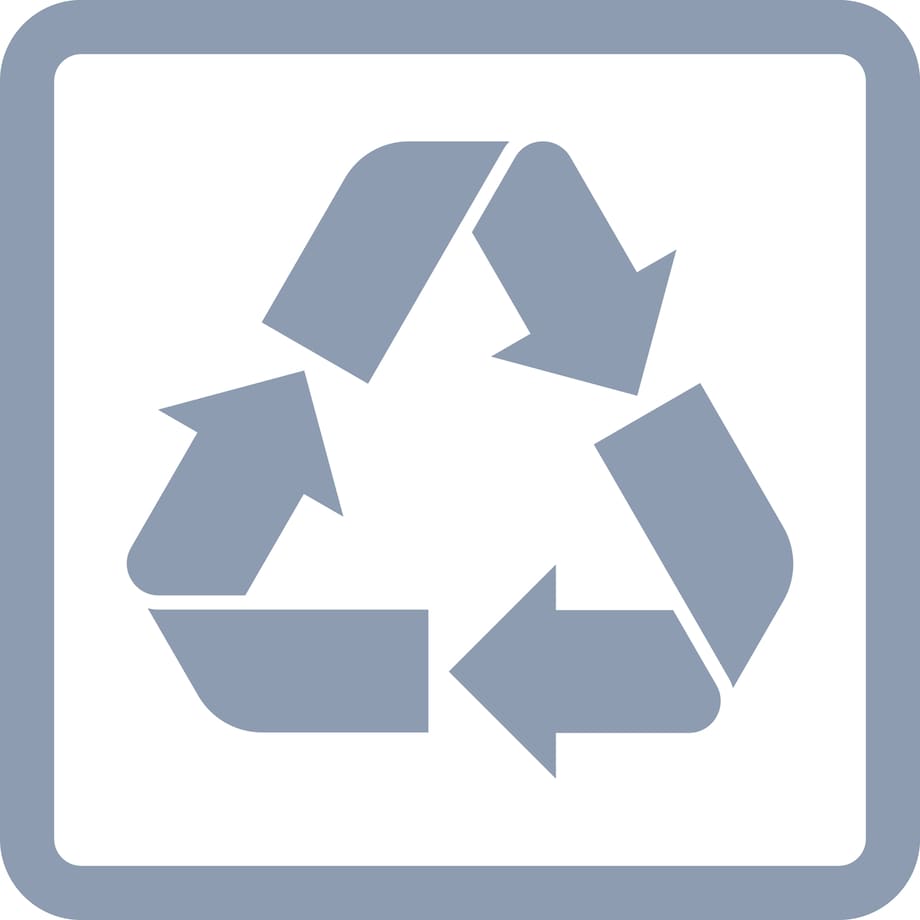 The recycling symbol adesses potential options for recycling of parts and package material