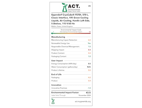 Ausgezeichnet mit dem ACT-Zertifikat für Nachhaltigkeit: die Eppendorf CryoCube F570h ULT-Ultratiefkühlgeräte