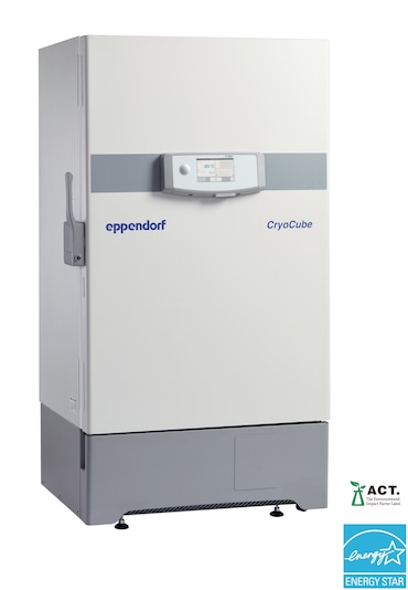Eppendorf CryoCube<sup>&reg;</sup>_F740hi ULT freezer with ENERGY STAR<sup>&reg;</sup> certification logo and ACT certification by My Green Lab
