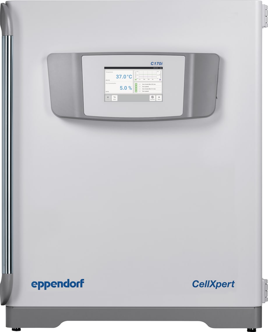 CellXpert C170i flat hero, front view, left handle Cell culture incubator CellXpert® front view with touch interface