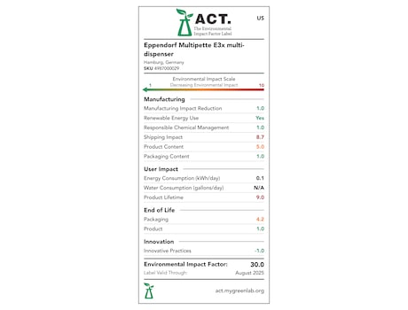 ACT label of sustainability certification for Multipette E3x pipette