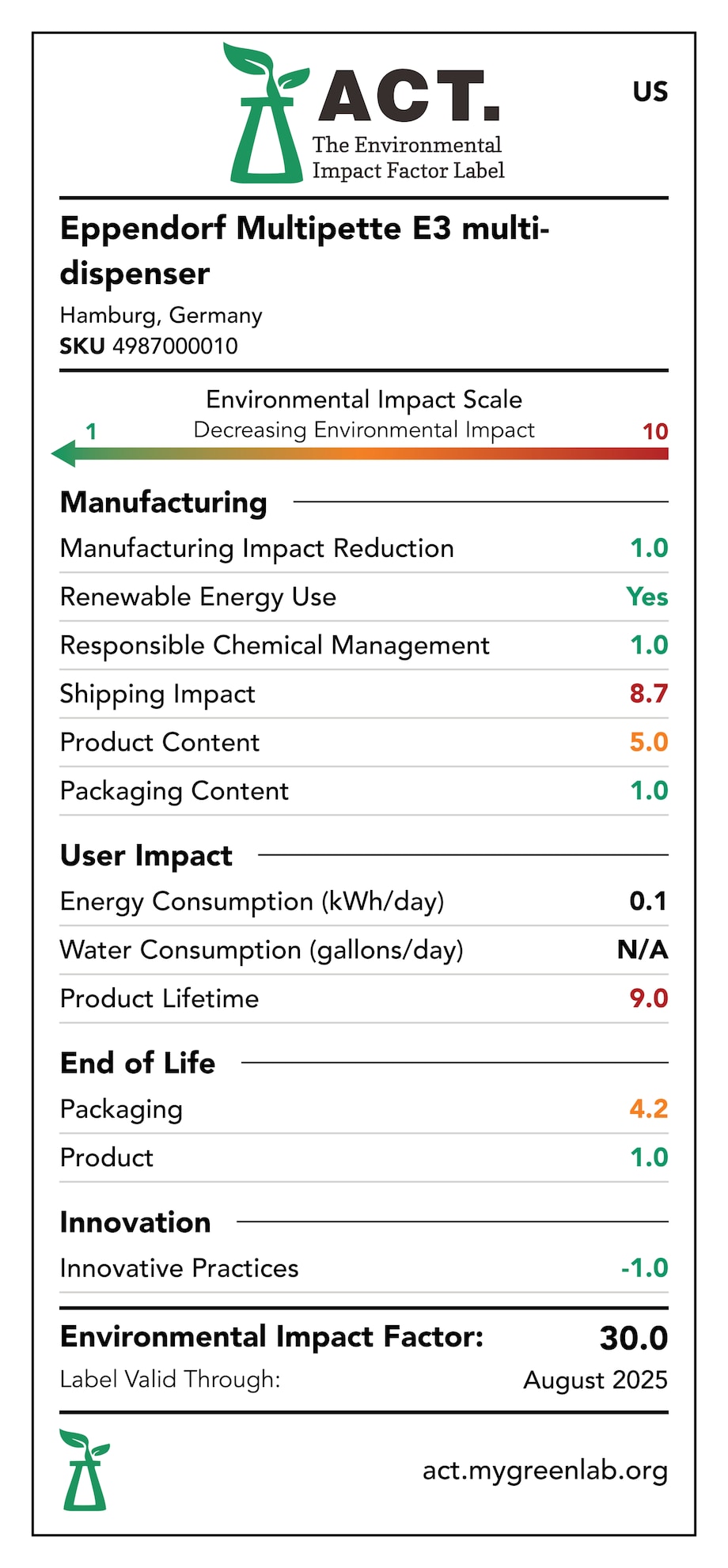 Multipette® E3 pipette ACT label of sustainability certification for Multipette® E3 pipette