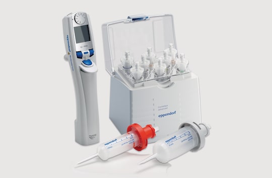 Repeater® E3/E3x multi-dispenser with an assortment of fitting Combitips® advanced positive displacement pipette tips