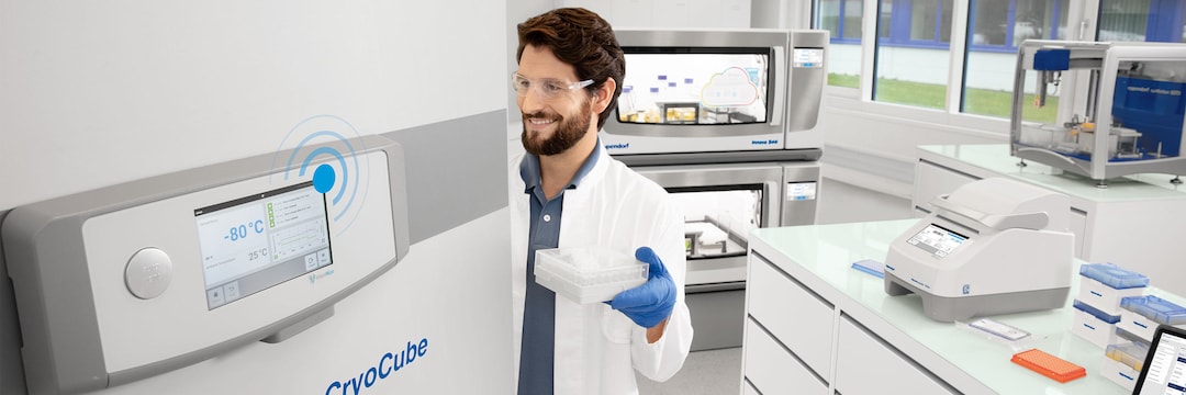 Lab Manager fills Eppendorf CryoCube Freezer supported by digital sample management.