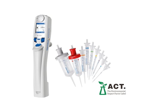 The Multipette_NBSP_E3x multi-dispenser pipette comes with an assortment pack of fitting Combitips_REG_ advanced tips