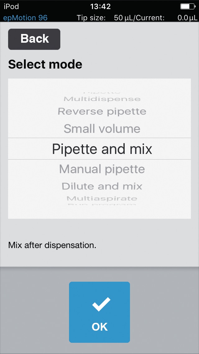 epMotion 96 | App for iPod touch and iPhone Convenient pipette mode selection vie free epMotion 96 App for iPod touch and iPhone